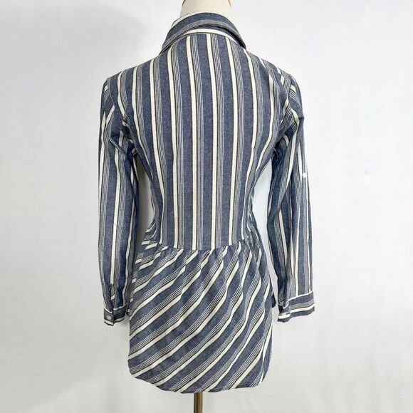 LOVE NOTES Blue Peplum Stripe Button Down Ruffle Long Sleeve Cotton Shirt - Picture 3 of 9